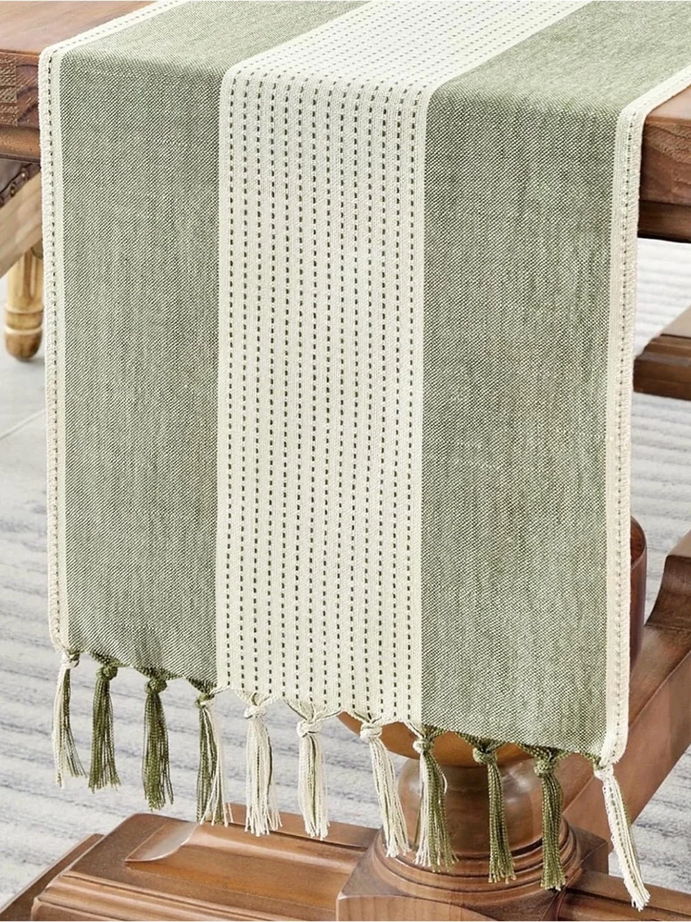 Sage Green & Cream Farmhouse Table Runner 13x72 Cotton Linen Boho